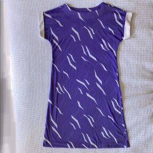 80s 90s Vintage Purple Print Dress with Cuffed Sleeves - L/XL
